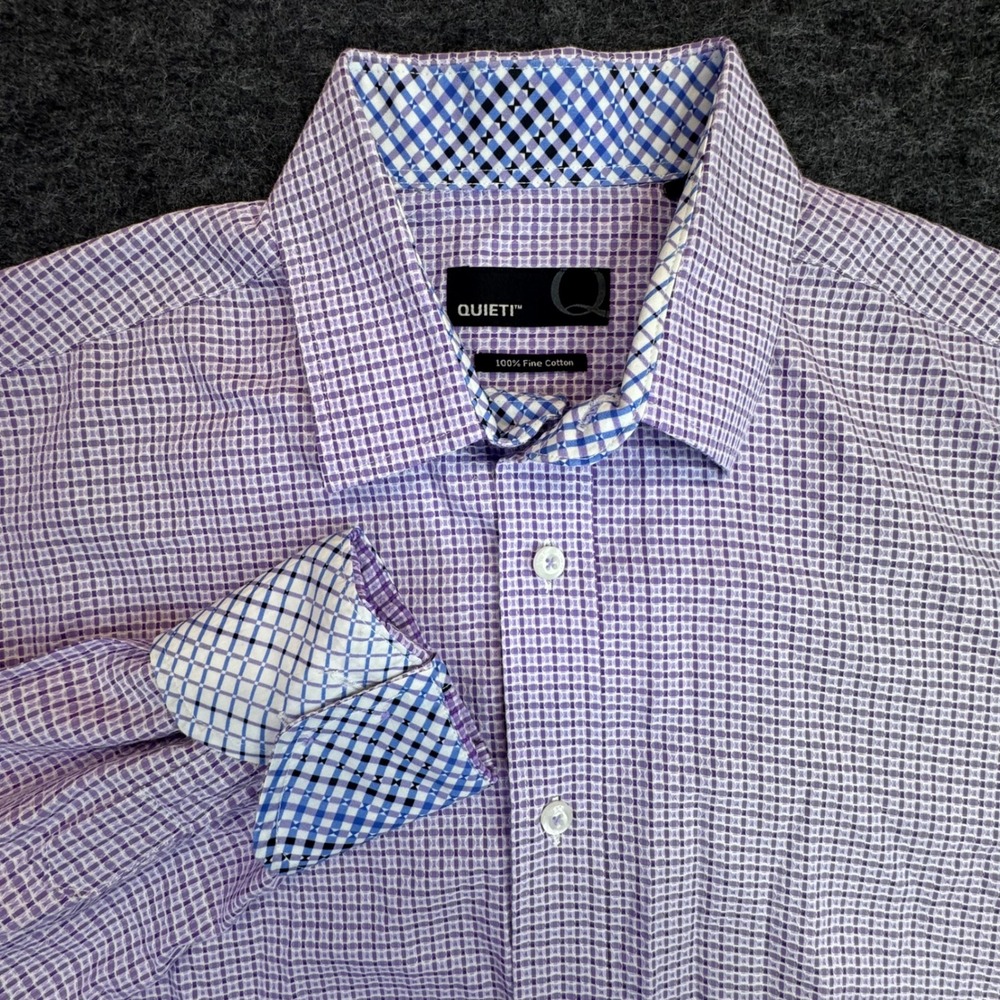 Quieti Button Down Shirt Mens Small‎ Purple White Micro Pattern 100% Fine Cotton